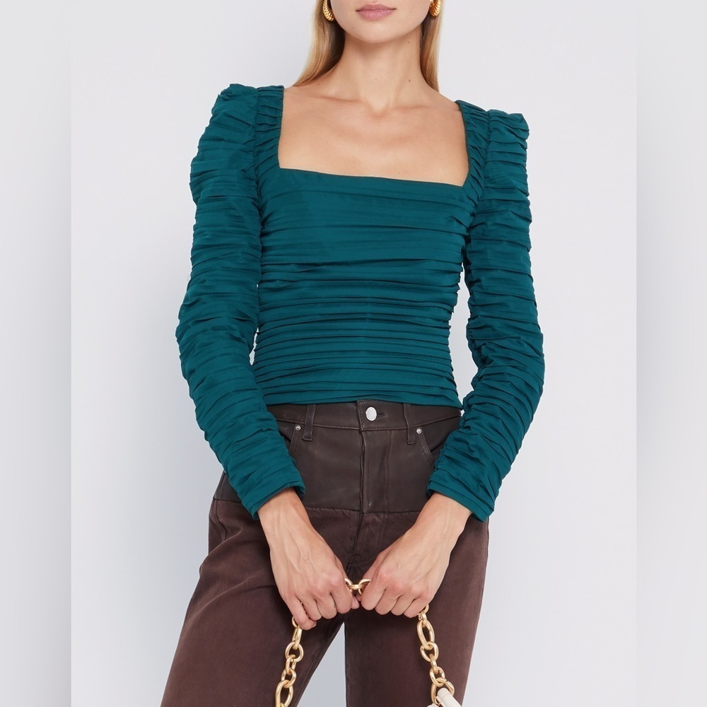 NEW Kourt Anastasia Ruched Pleated Blouse Crop Reformation Green Size XXL NWOT